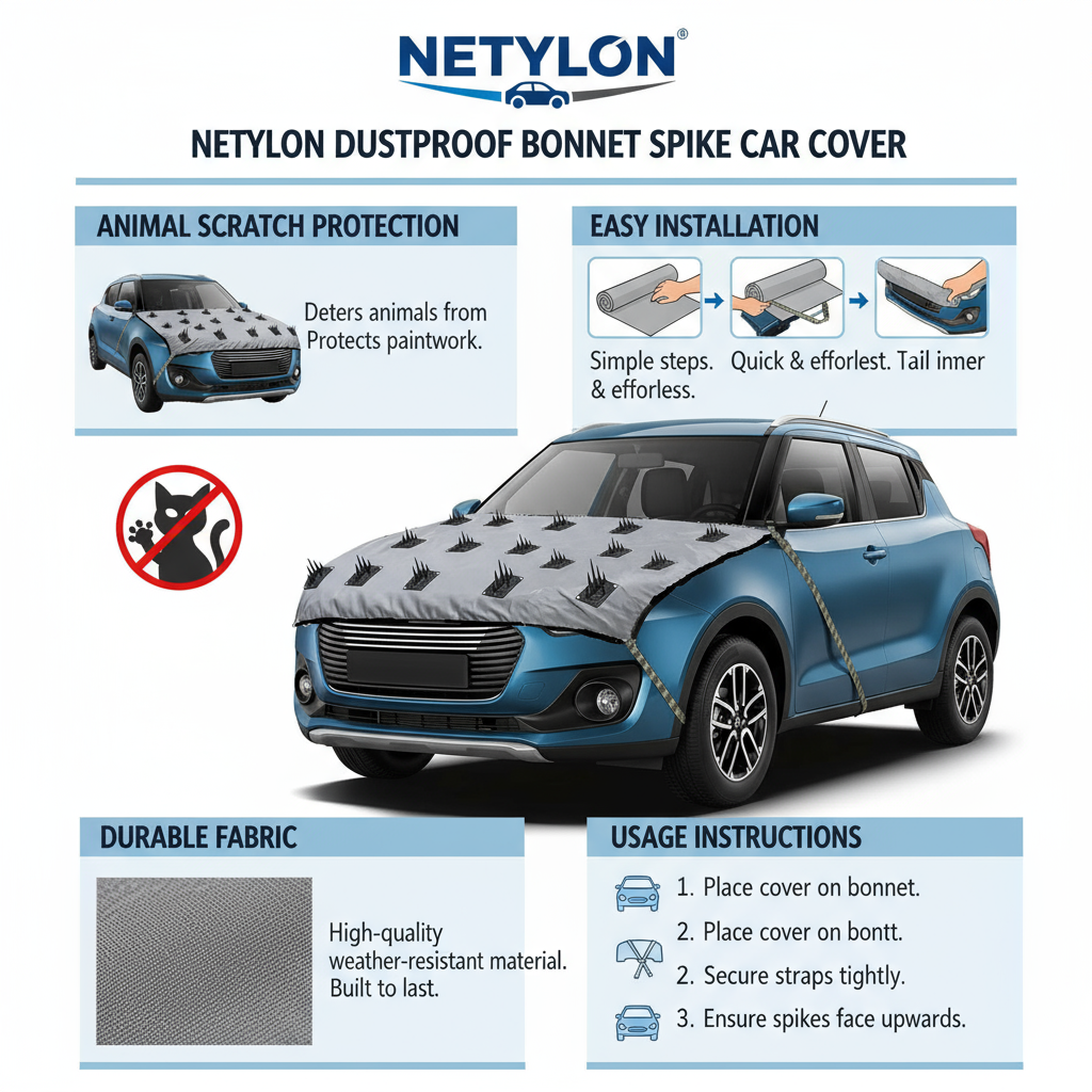 NETYLON Car Bonnet Spike Cover – Anti Dog & Anti Monkey Protection Guard | Spiked Safety Shield for Cars | Prevent Paw Marks, Scratches & Sitting | Universal Fit